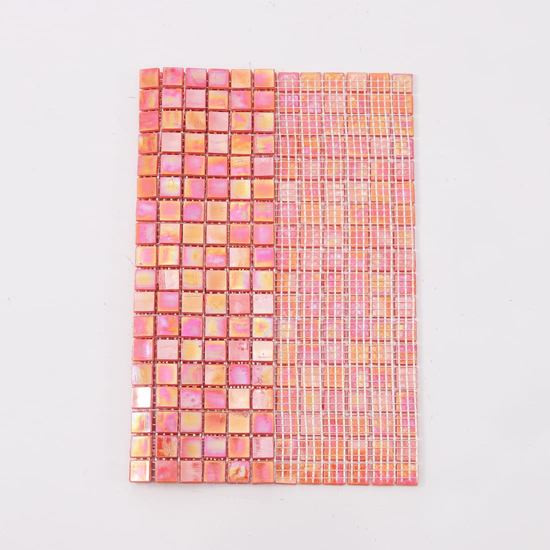 Pearlescent orange square glass mosaic tile with mesh backing