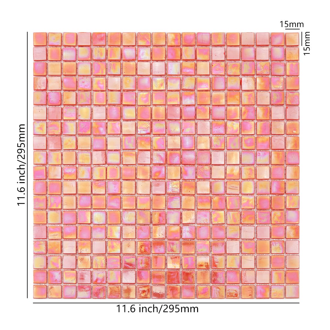 Pearlescent orange square glass mosaic tile sheet with size details