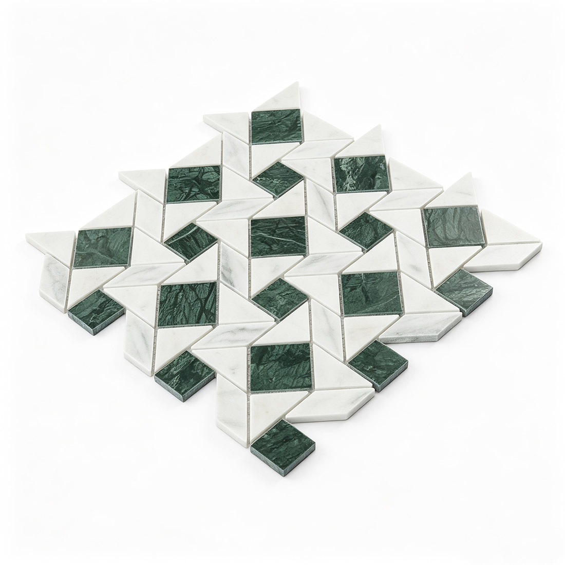 Perspective view of green and white geometric pinwheel marble mosaic sheet.