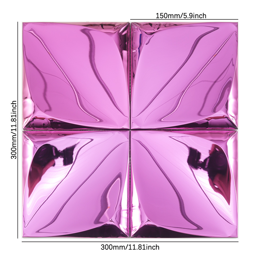 Pink 3D square metal tile sheet with raised pyramid panels and size marks