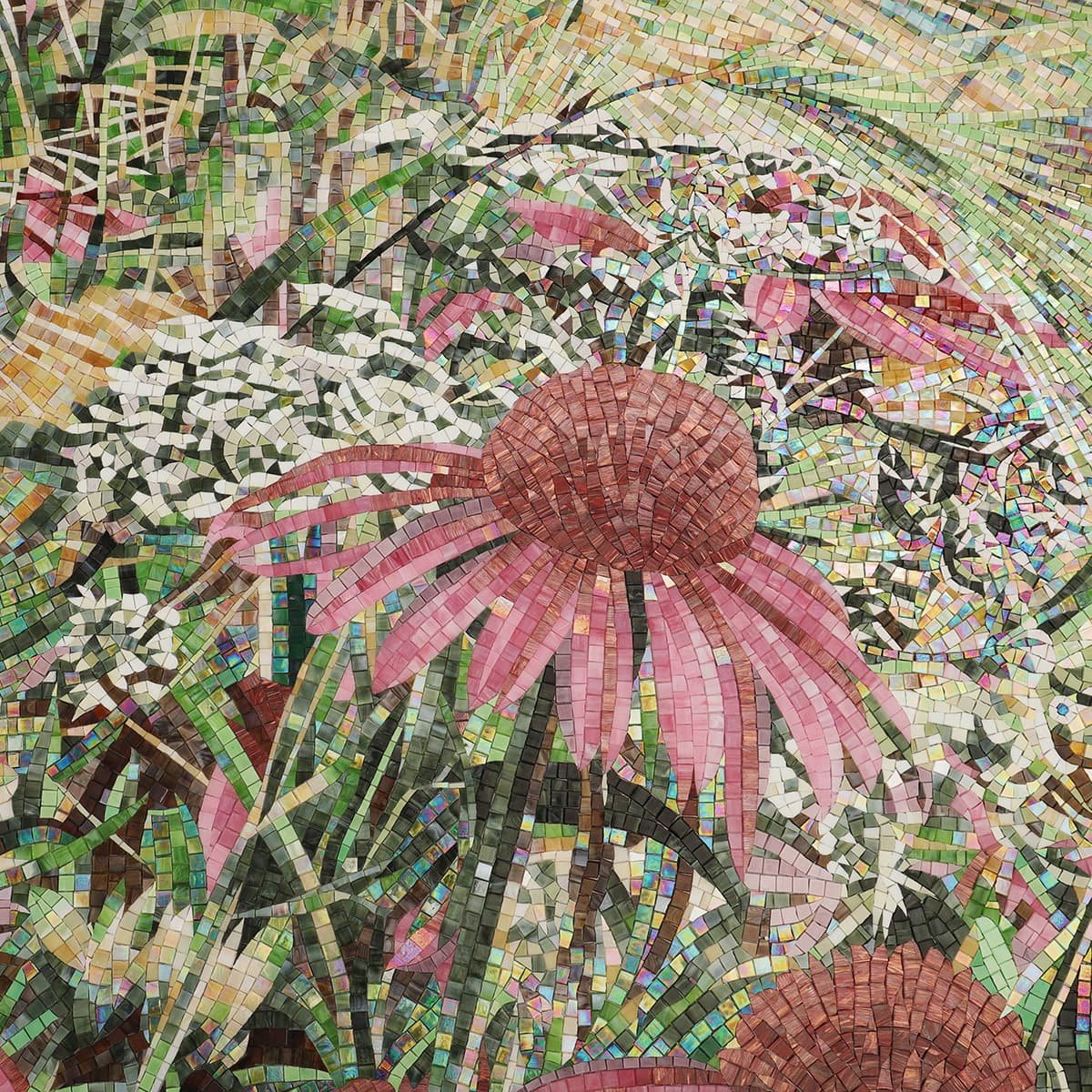 Handmade pink flower mosaic art reflecting light and color harmony