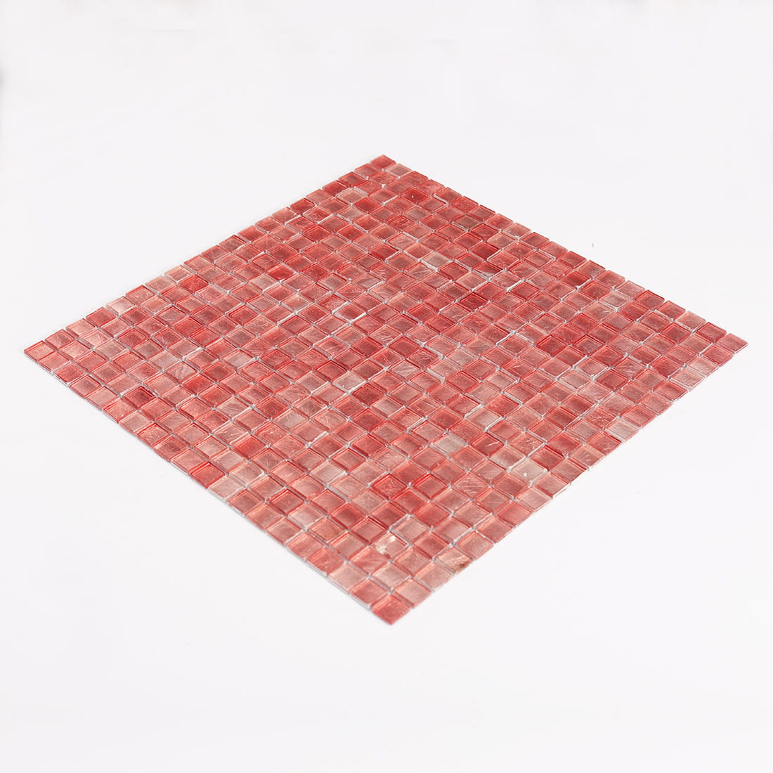 Angled view of pink square glass mosaic tile sheet