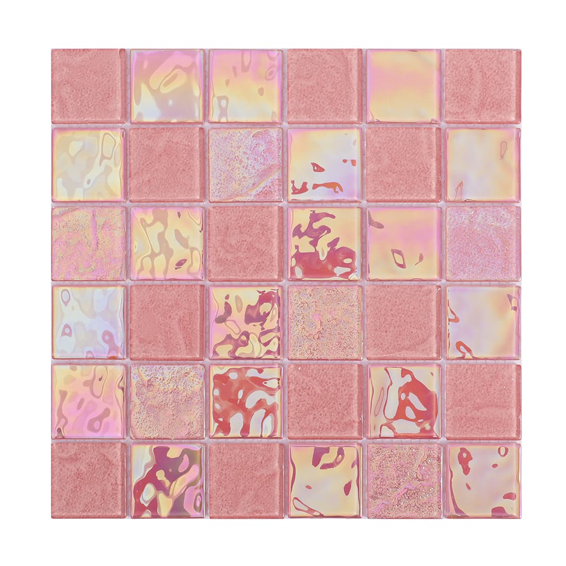 Full sheet of pink iridescent square glass mosaic tile with glossy mixed finishes