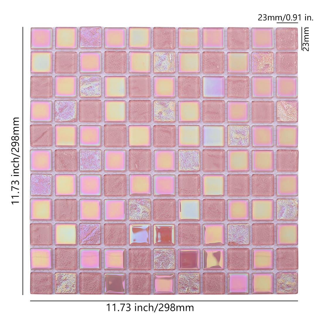 Pink iridescent square glass mosaic tile sheet with 23mm chips