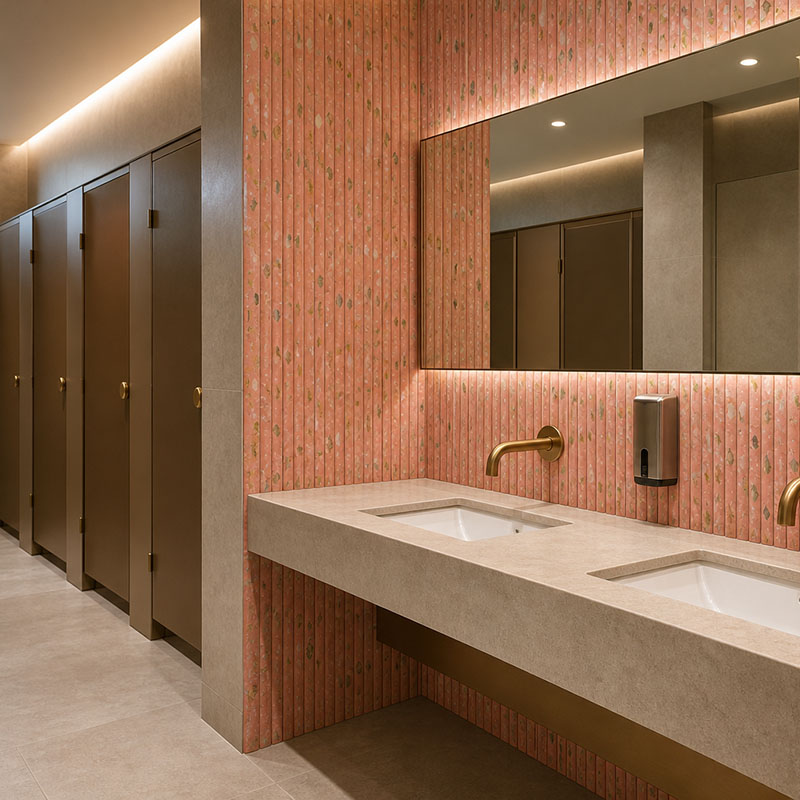 Pink linear tiles create a public restroom sink backsplash with brass faucets