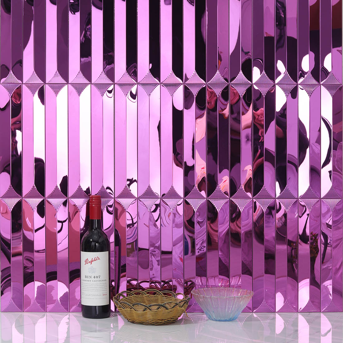 Pink mirror long strip metal mosaic decor scene with wine bottle