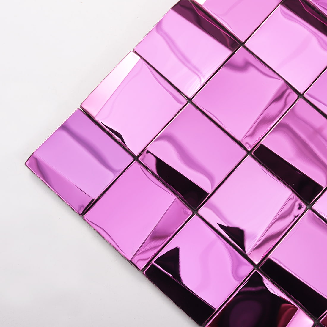 Corner detail of pink mirror square metal mosaic tile sheet