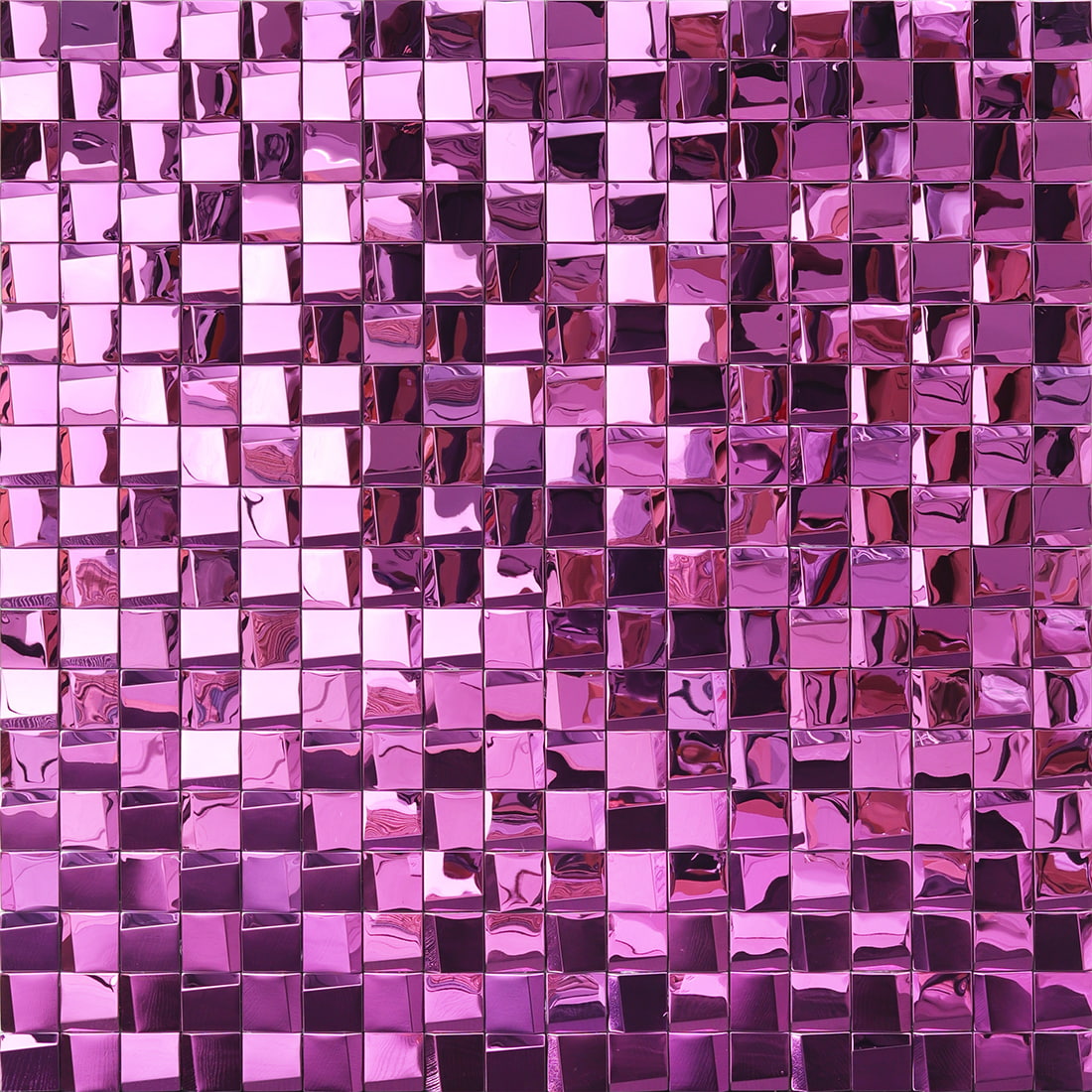 Full wall view of pink mirror square metal mosaic tiles