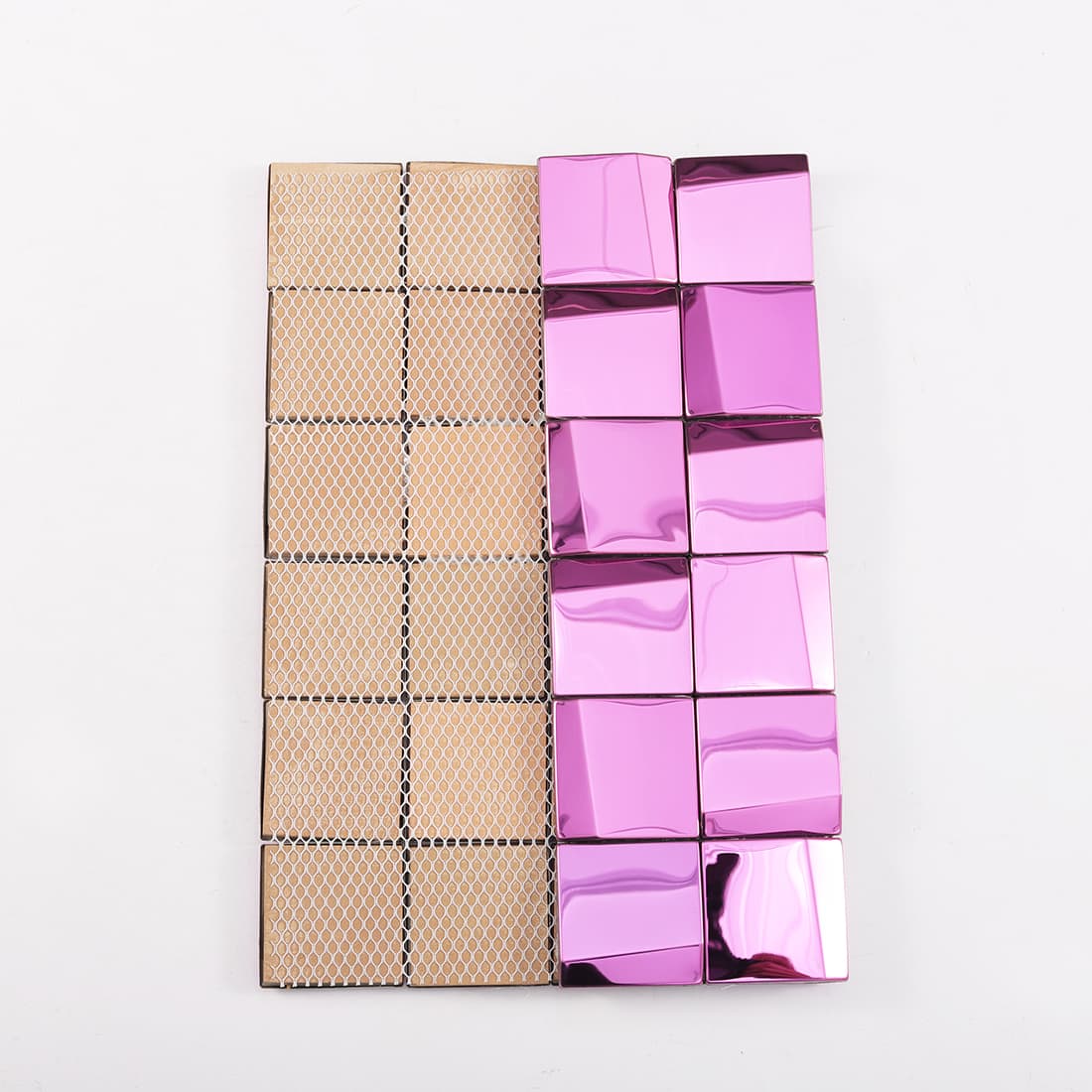 Back view of pink mirror square metal mosaic tile with mesh backing