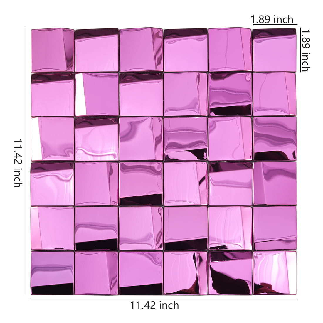 Pink mirror square metal mosaic tile sheet with size details
