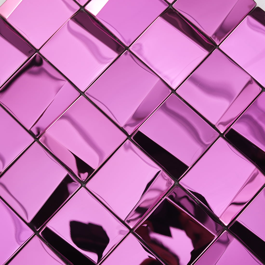Close-up of pink mirror square metal mosaic tile surface