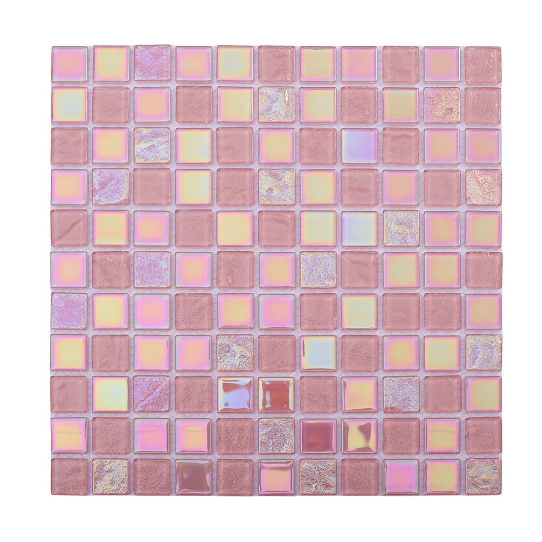 Full sheet of pink mixed iridescent square glass mosaic tiles