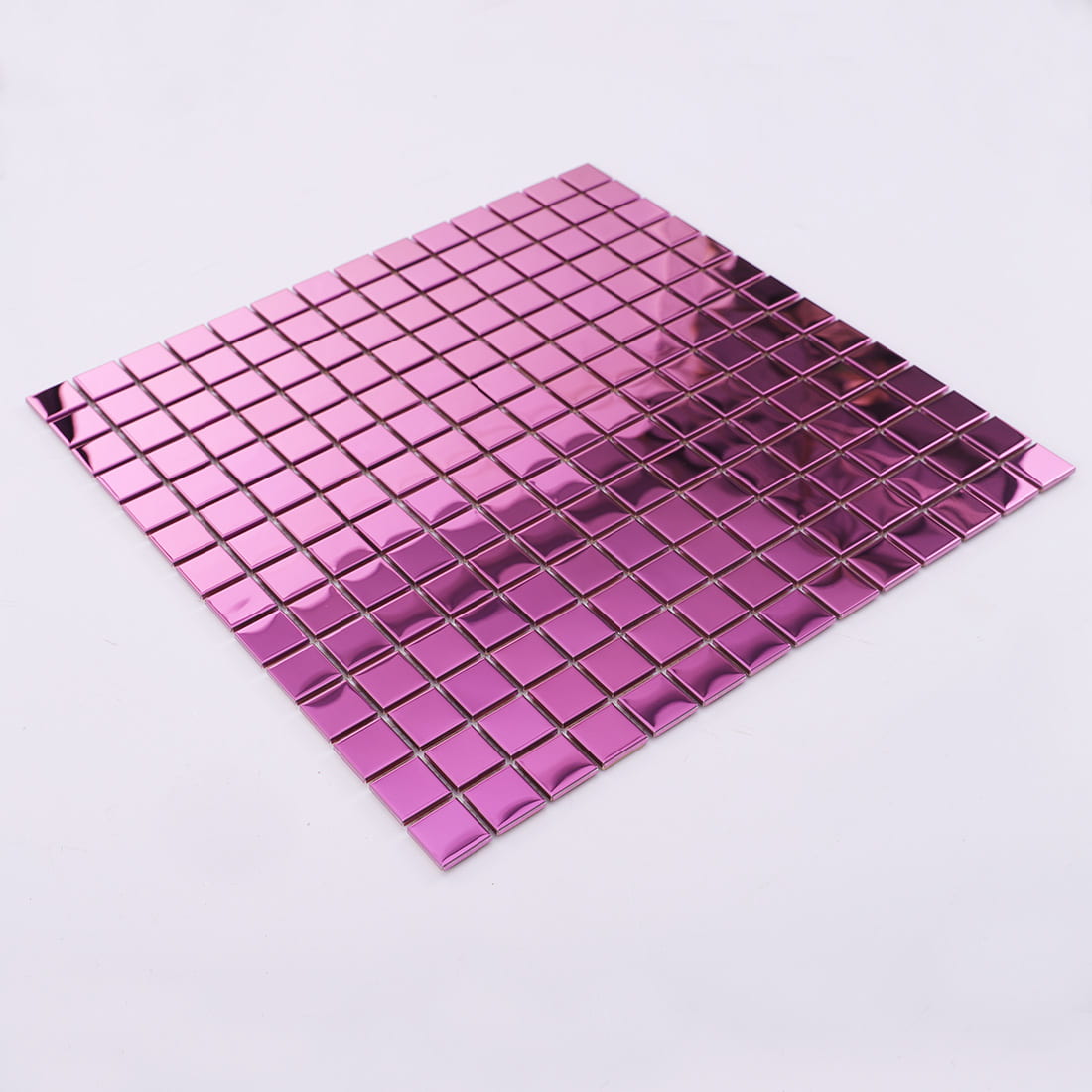 Full angled view of pink square stainless steel mosaic sheet with shiny chips