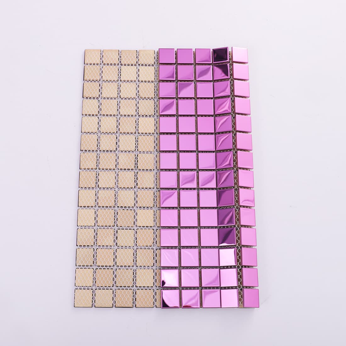 Pink square stainless steel mosaic sheet with mesh backing and glossy front