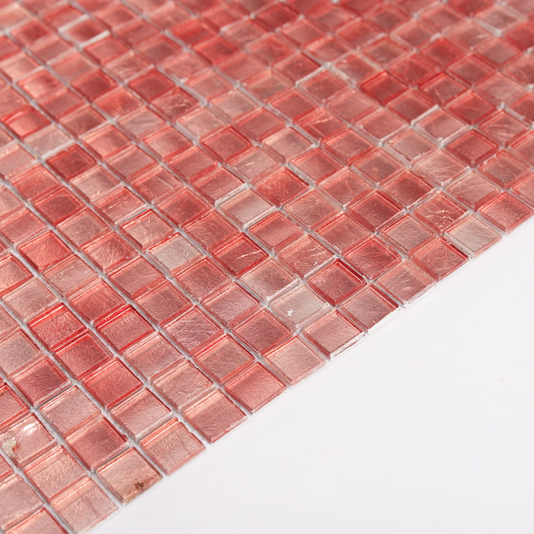 Side thickness view of pink square glass mosaic tile sheet