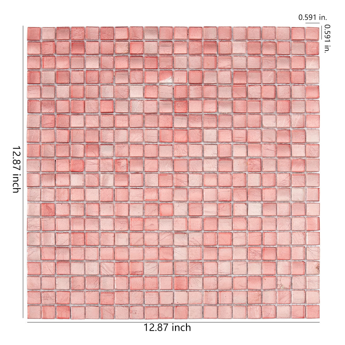 Pink square glass mosaic tile sheet with size details