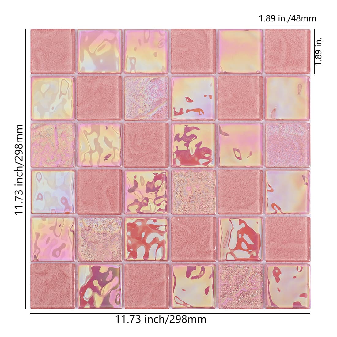 Pink square glass mosaic tile sheet with 48x48mm chip size and 298x298mm sheet size