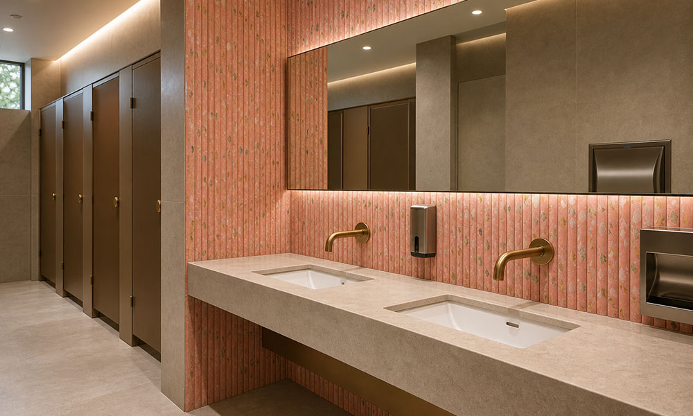{"default":"Pink vertical mosaic tiles on a commercial bathroom vanity wall with mirrors"}

