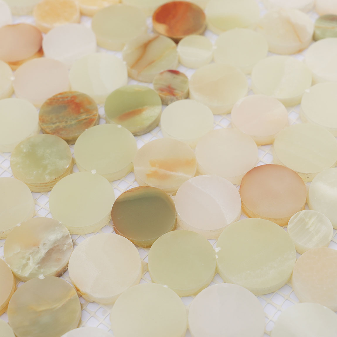 Polished surface texture of natural onyx round mosaic tiles