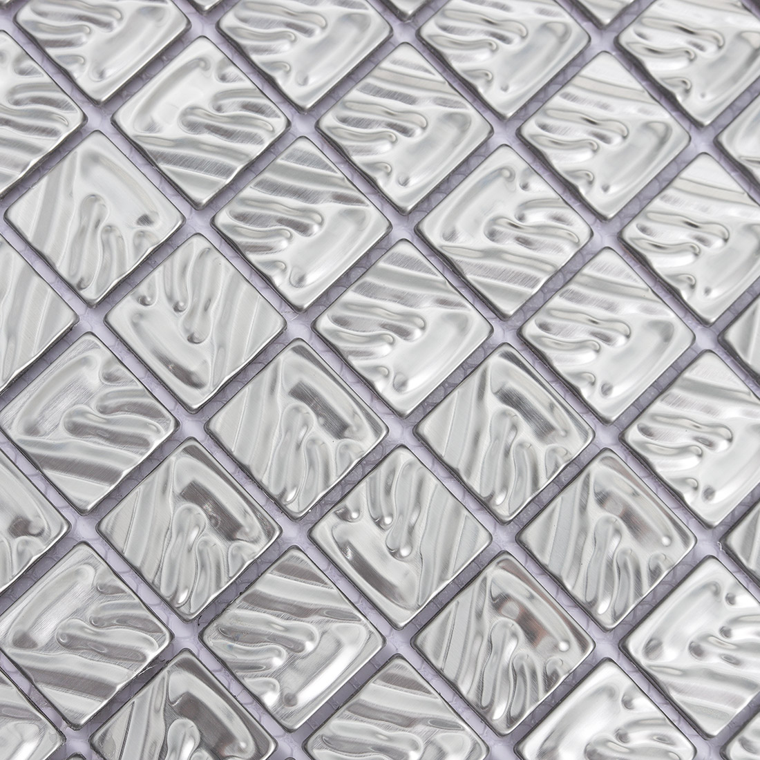 Polished silver ripple square mosaic tiles with raised flowing metal texture