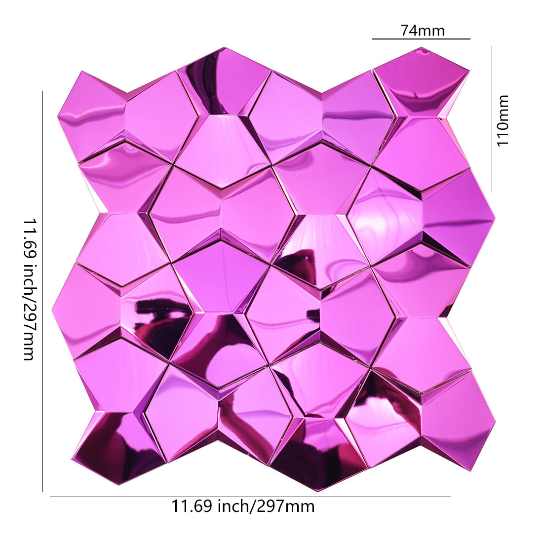 Purple star metal mosaic tile sheet with 74 x 110 mm pieces and size details