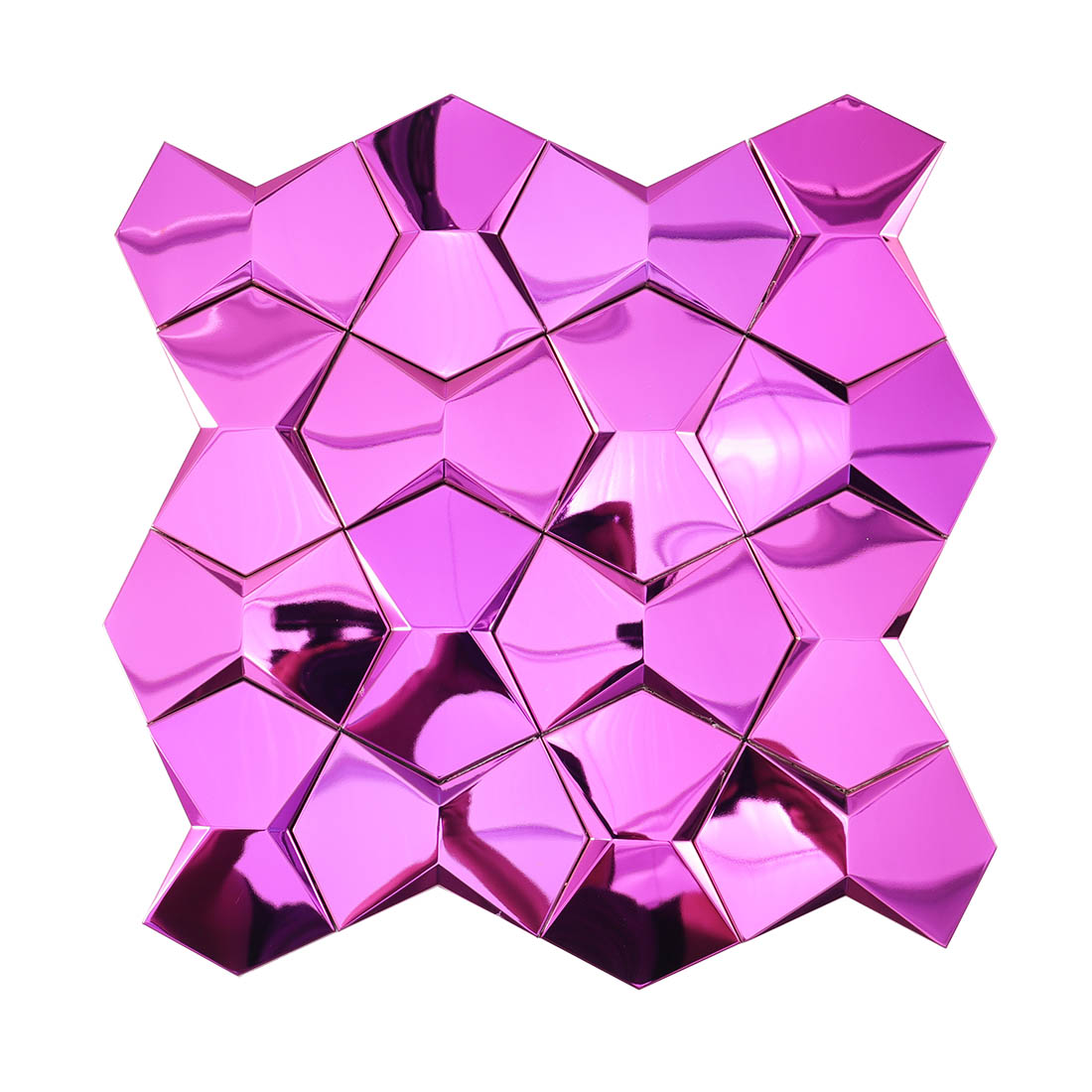 Front view of purple star metal mosaic tile with glossy dimensional geometric pieces