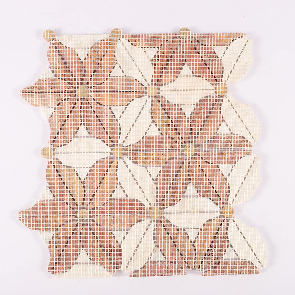 Back mesh view of red travertine and white marble flower mosaic tile sheet