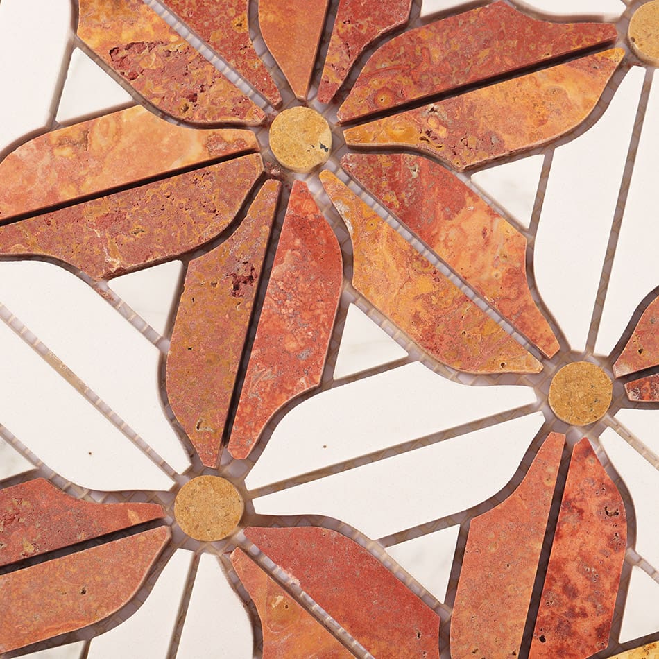 Close-up of red travertine and white marble flower mosaic tile pattern