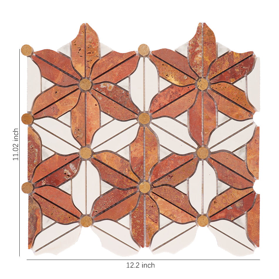 Red travertine and white marble flower mosaic tile sheet with size details