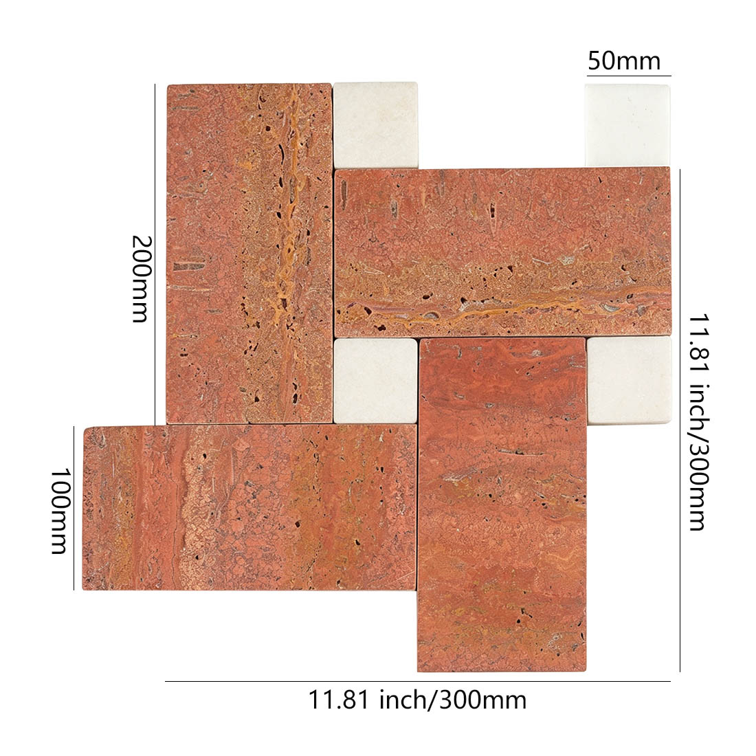 Red travertine basketweave mosaic tile dimensions 300x300mm
