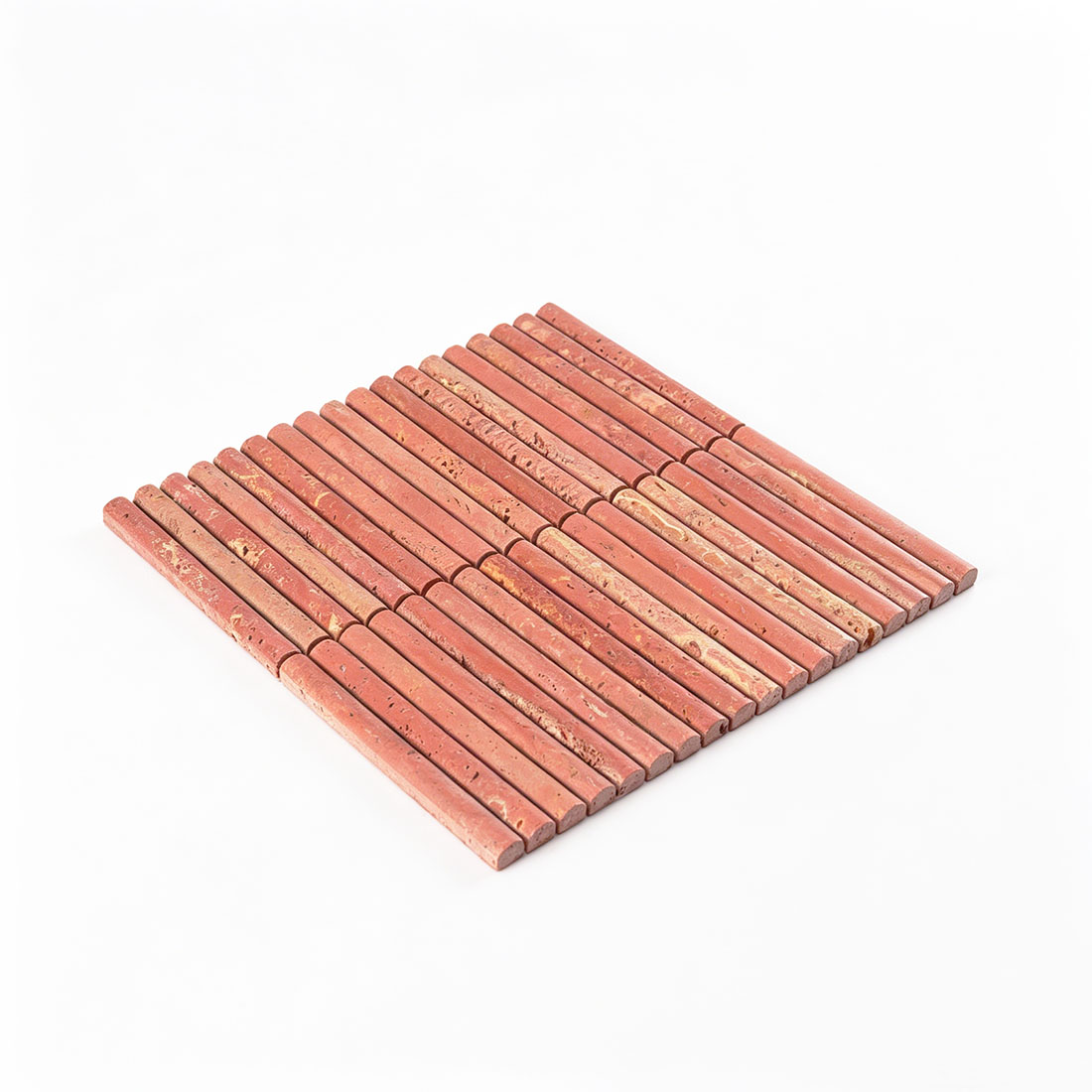 Angled perspective of red travertine convex brick stacked wall tile.