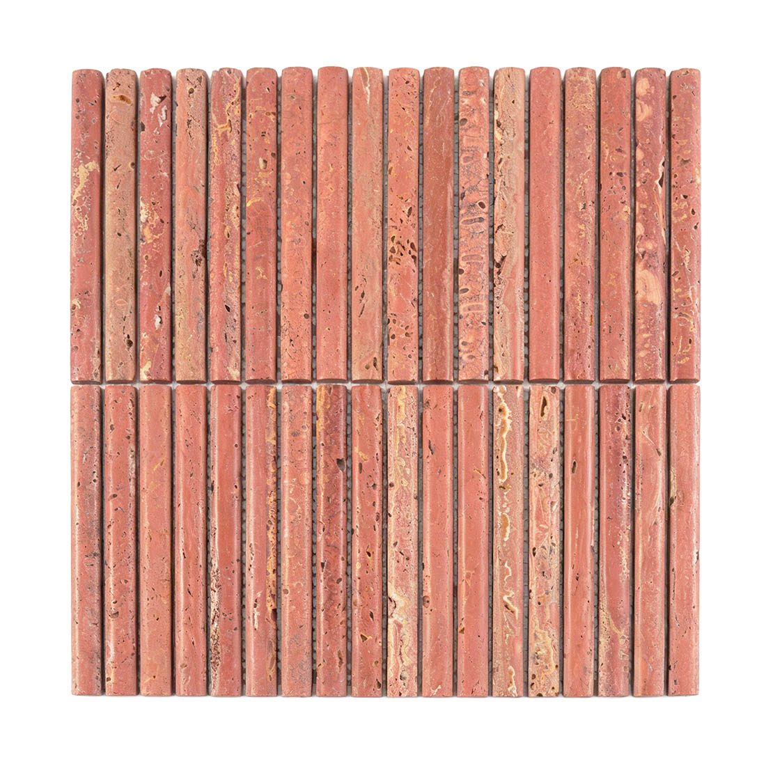 Front view of luxurious red travertine convex brick stacked mosaic tile.