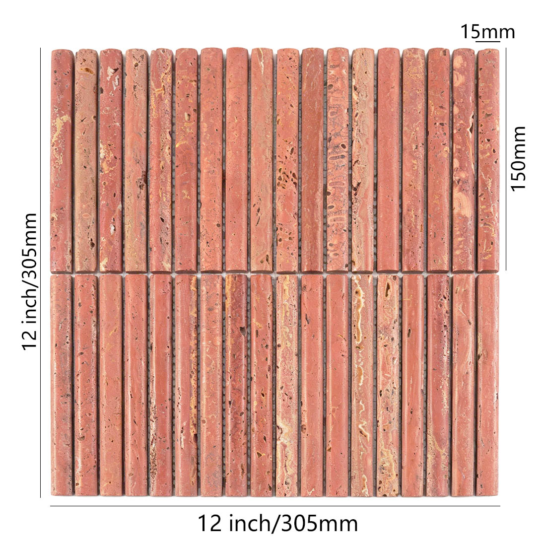 Technical specification view of red travertine convex brick stacked tile.