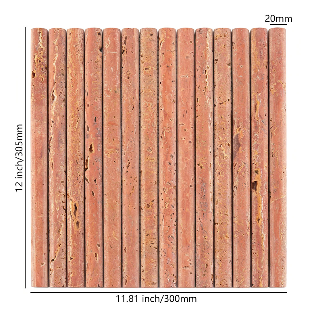 Red travertine convex liner tile sheet with 20x305mm size guide