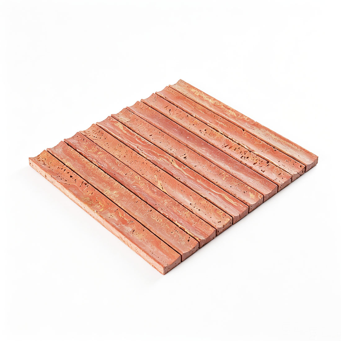 Angled view of red travertine fluted stacked mosaic.