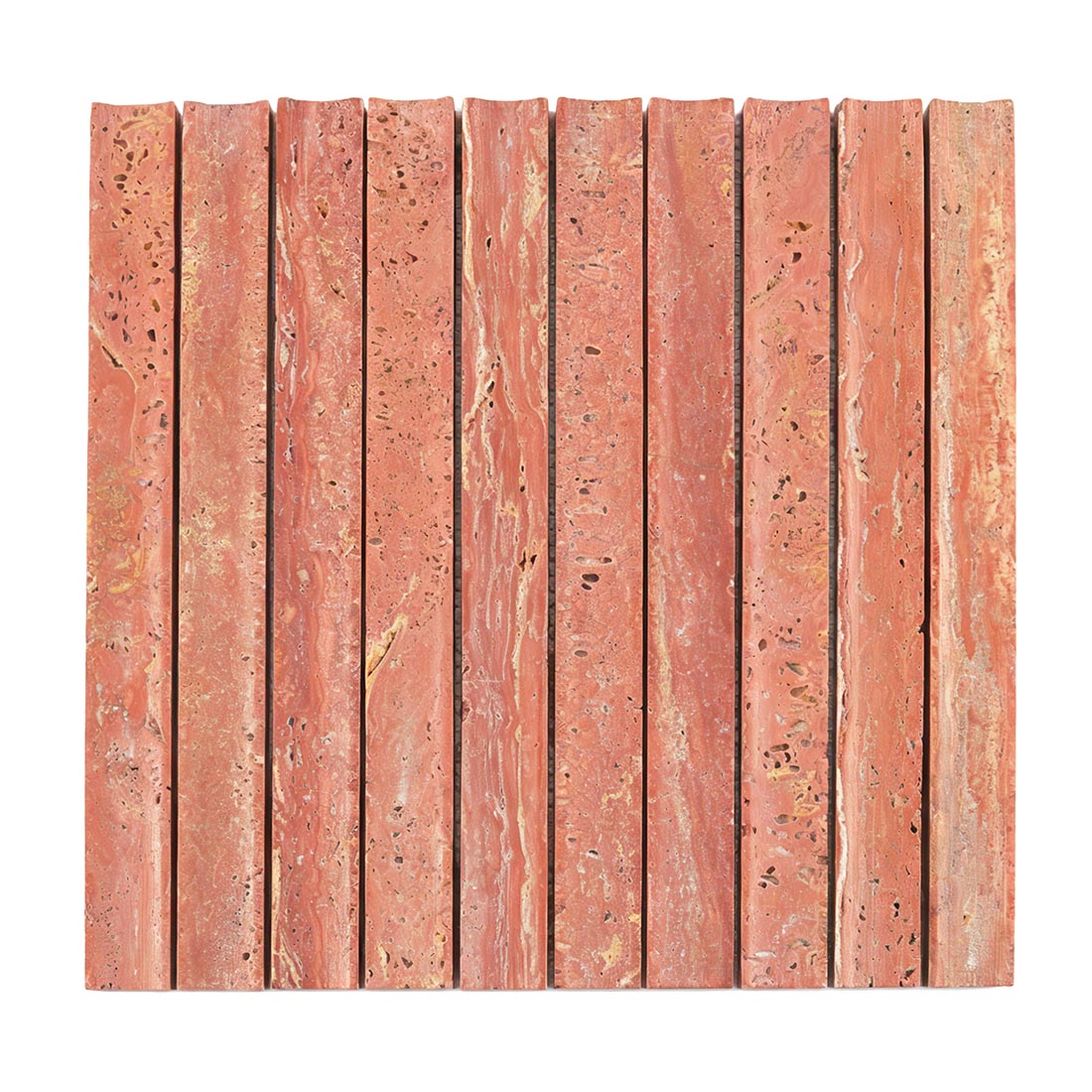 Front view of red travertine fluted stacked mosaic.