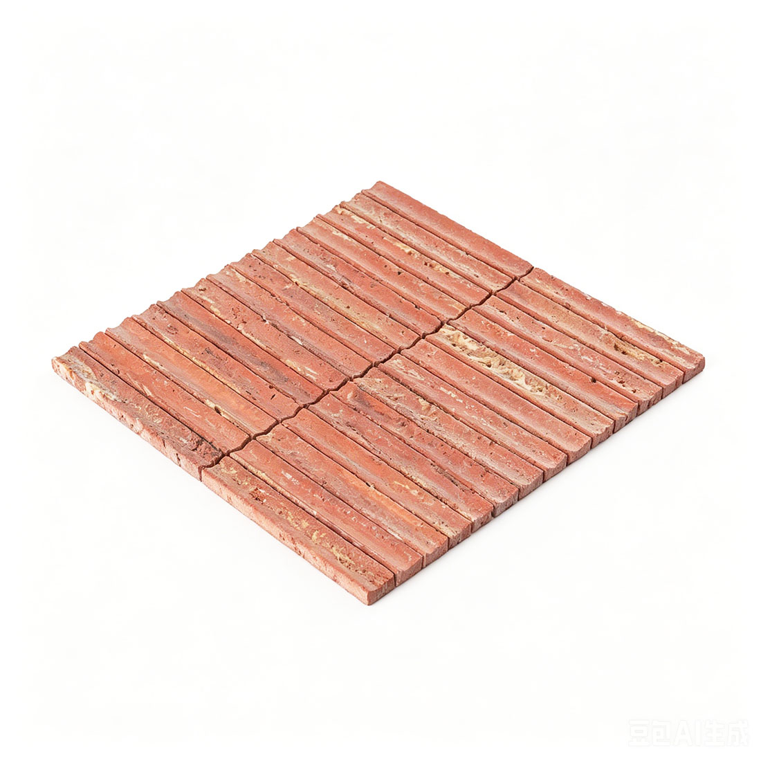 Angled view of red travertine linear mosaic tile.