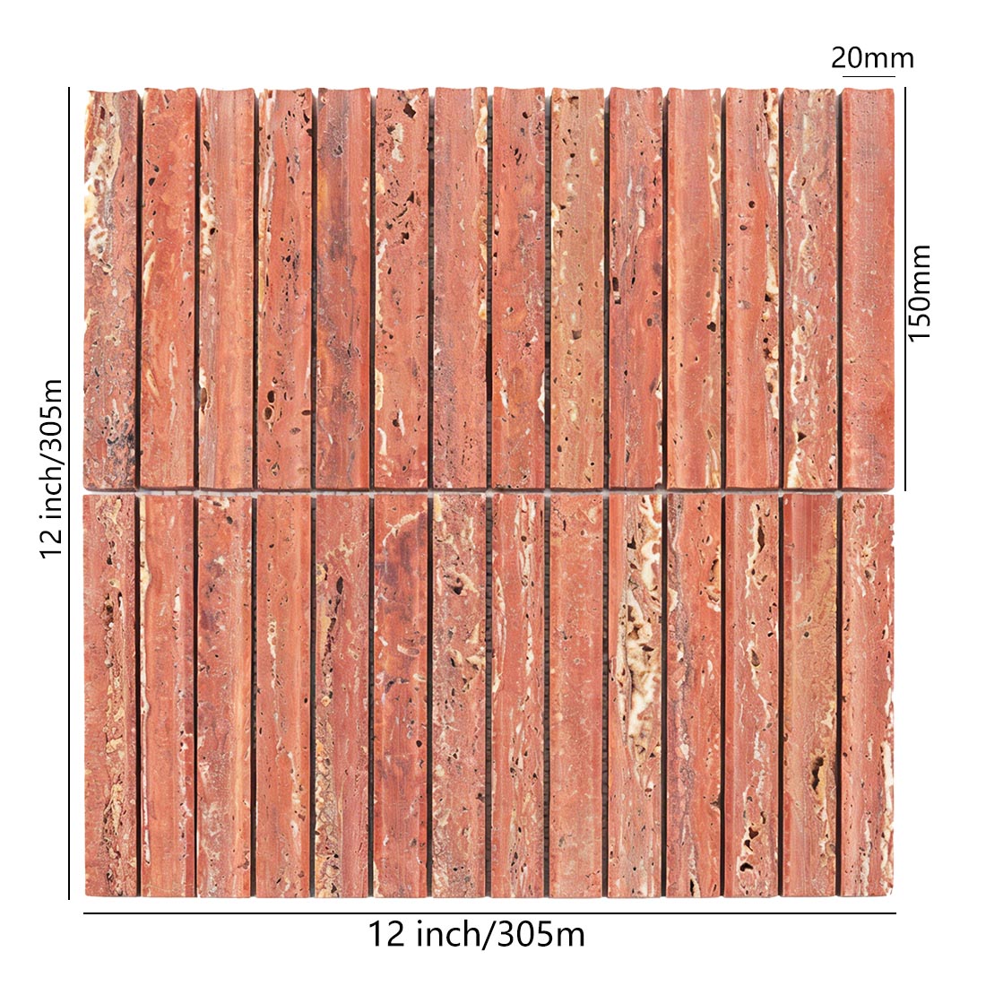 Dimensions of red travertine linear mosaic tile.