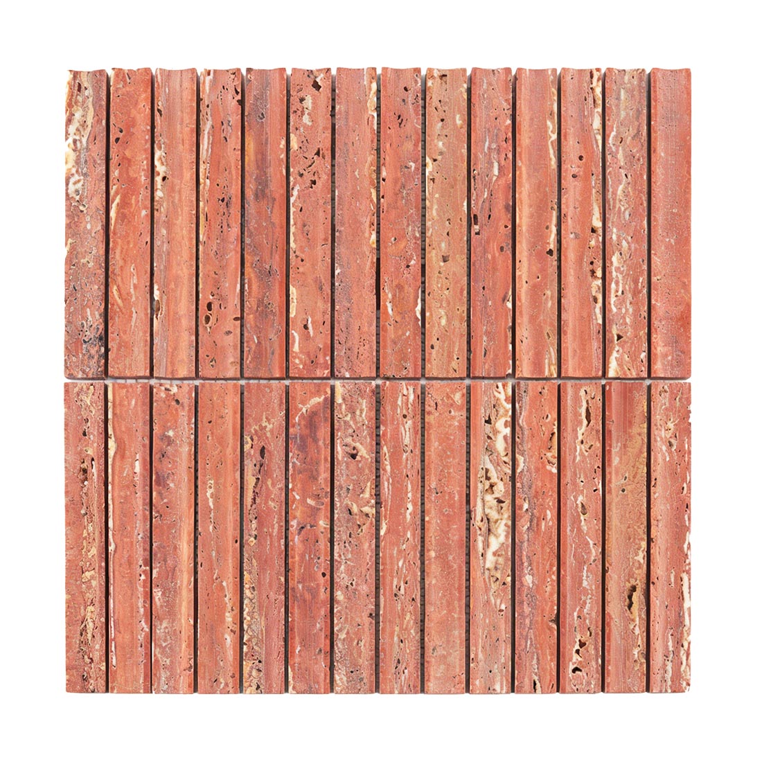 Front view of red travertine linear mosaic tile.