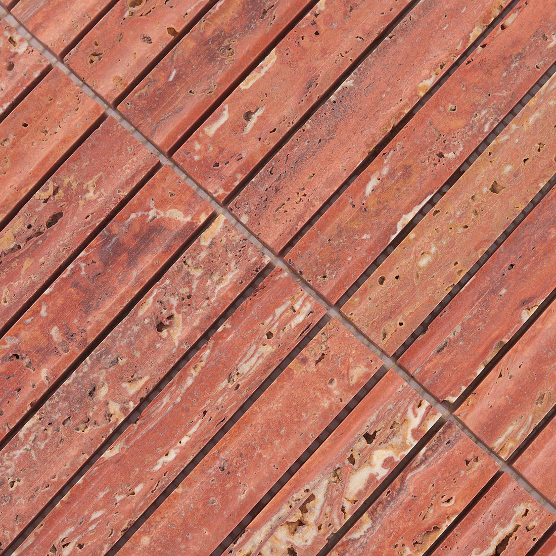 Texture of porous red travertine linear mosaic.