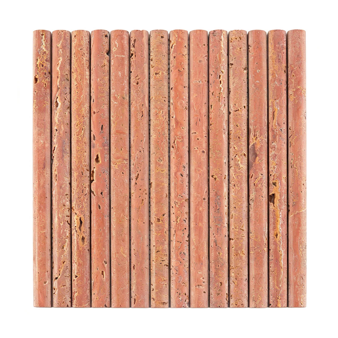 Front view of red travertine pencil strip tile with vertical layout
