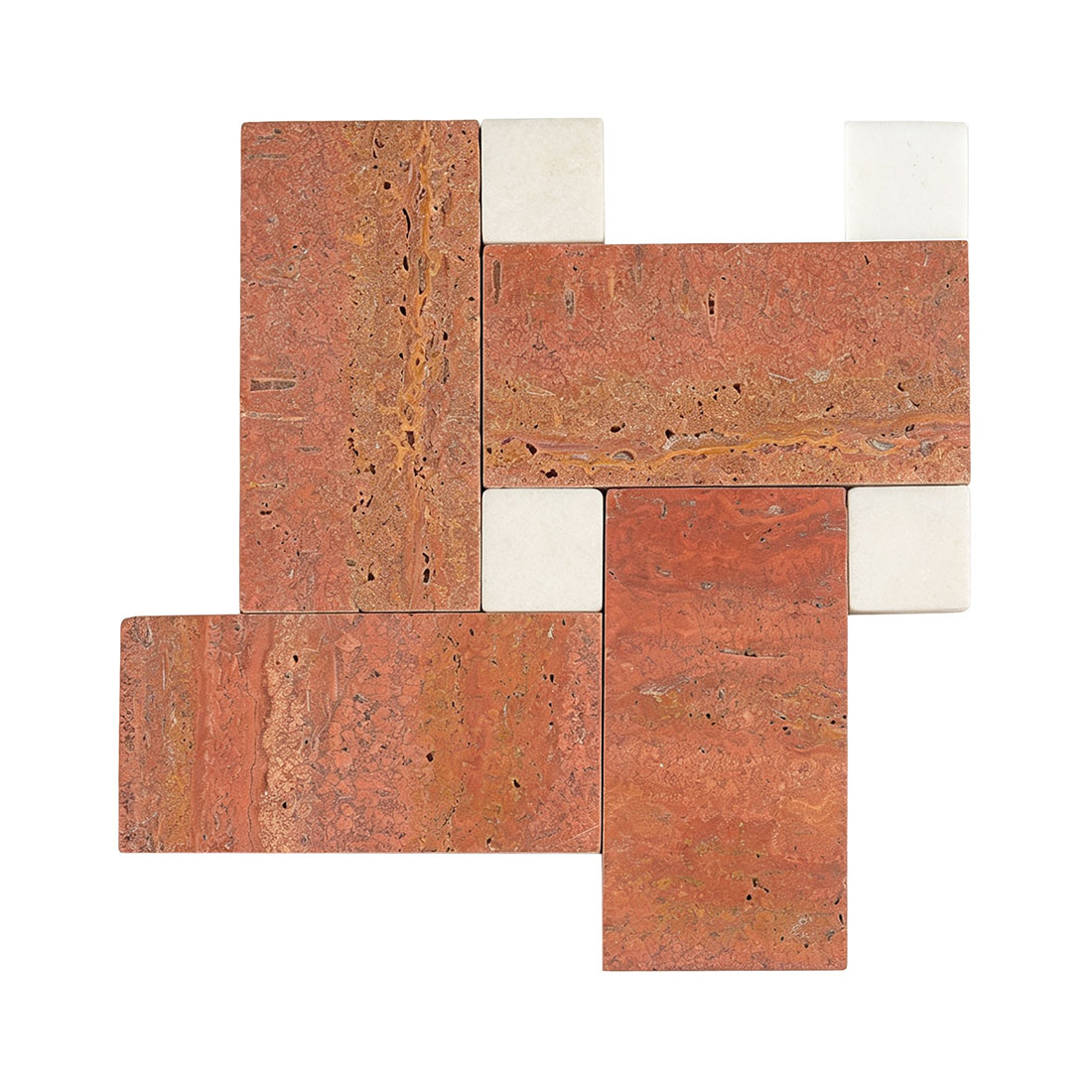 Red travertine pinwheel mosaic tile sheet front view