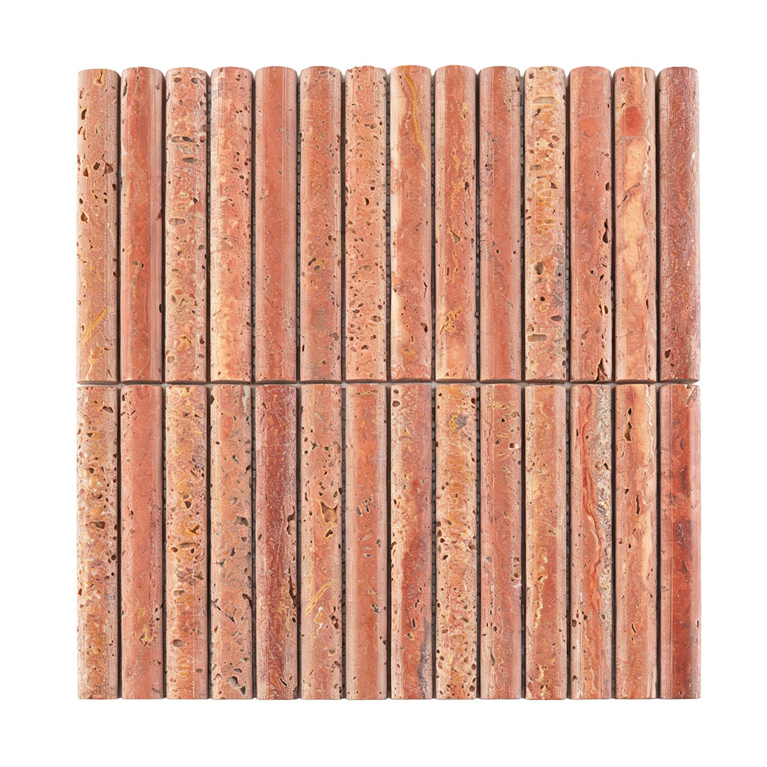 Front view of luxurious red travertine rod fluted mosaic.