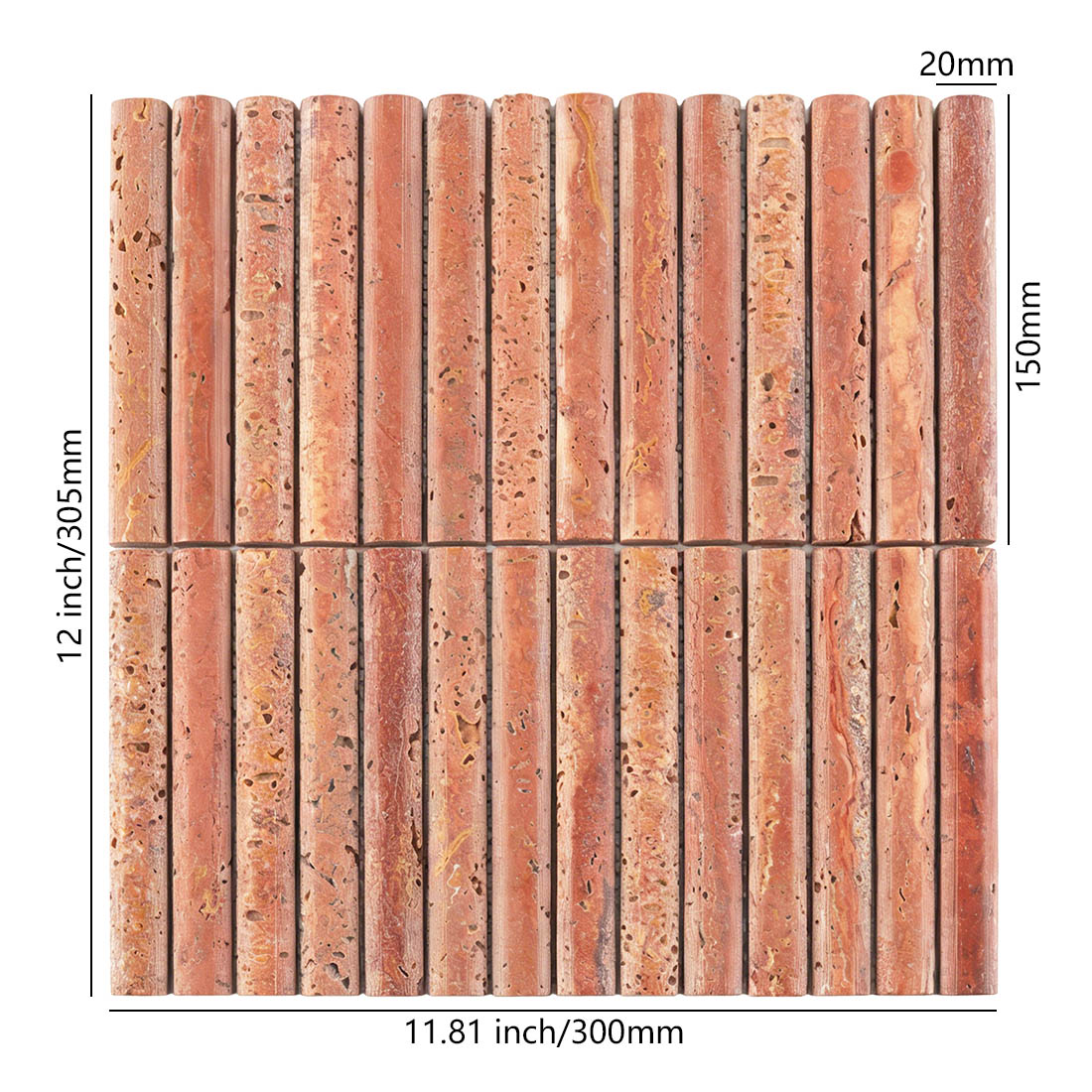 Dimensions of red travertine rod fluted stacked mosaic tile.