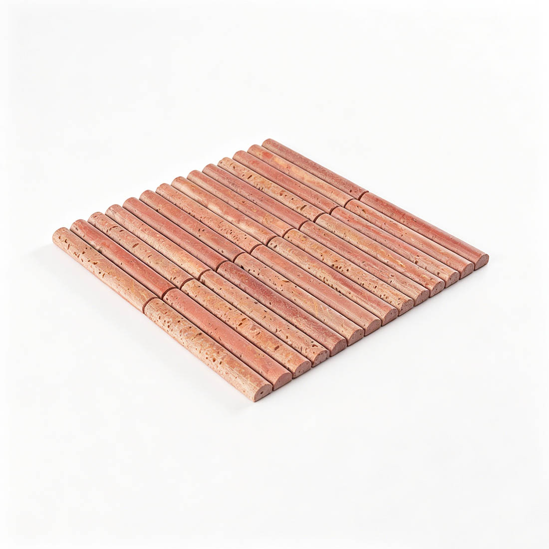 Angled perspective of red travertine rod fluted stacked mosaic tile.