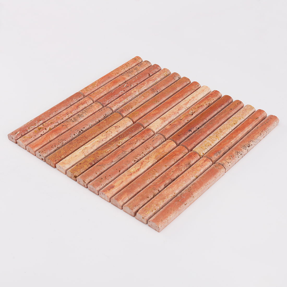 Perspective view of red travertine rounded finger mosaic tile sheet