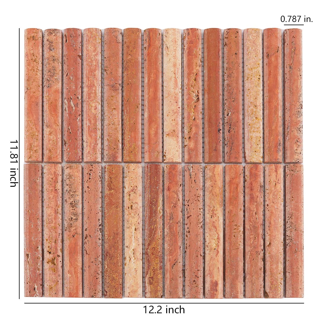 Red travertine rounded finger mosaic tile sheet with size details