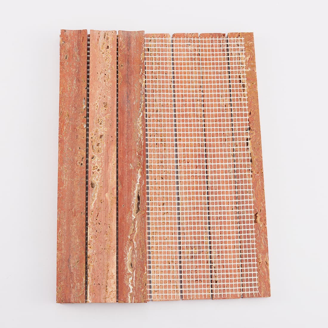 Back view of red travertine stacked strip mosaic tile with mesh backing