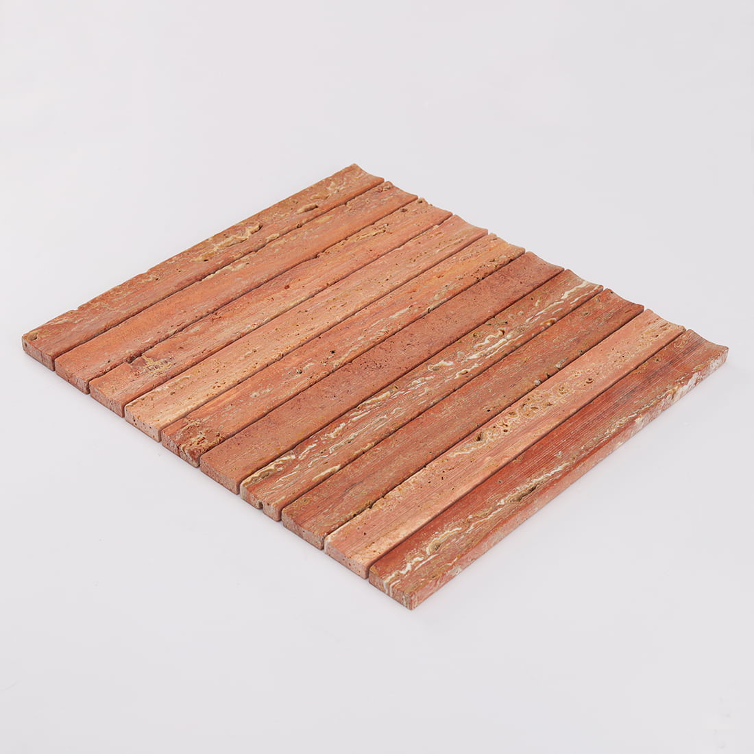 Perspective view of red travertine stacked strip mosaic tile sheet
