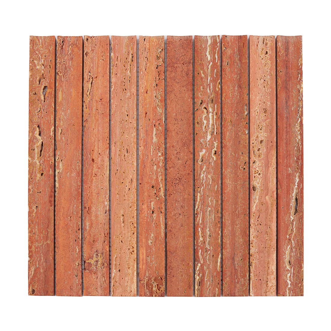 Full sheet of red travertine stacked strip mosaic tile
